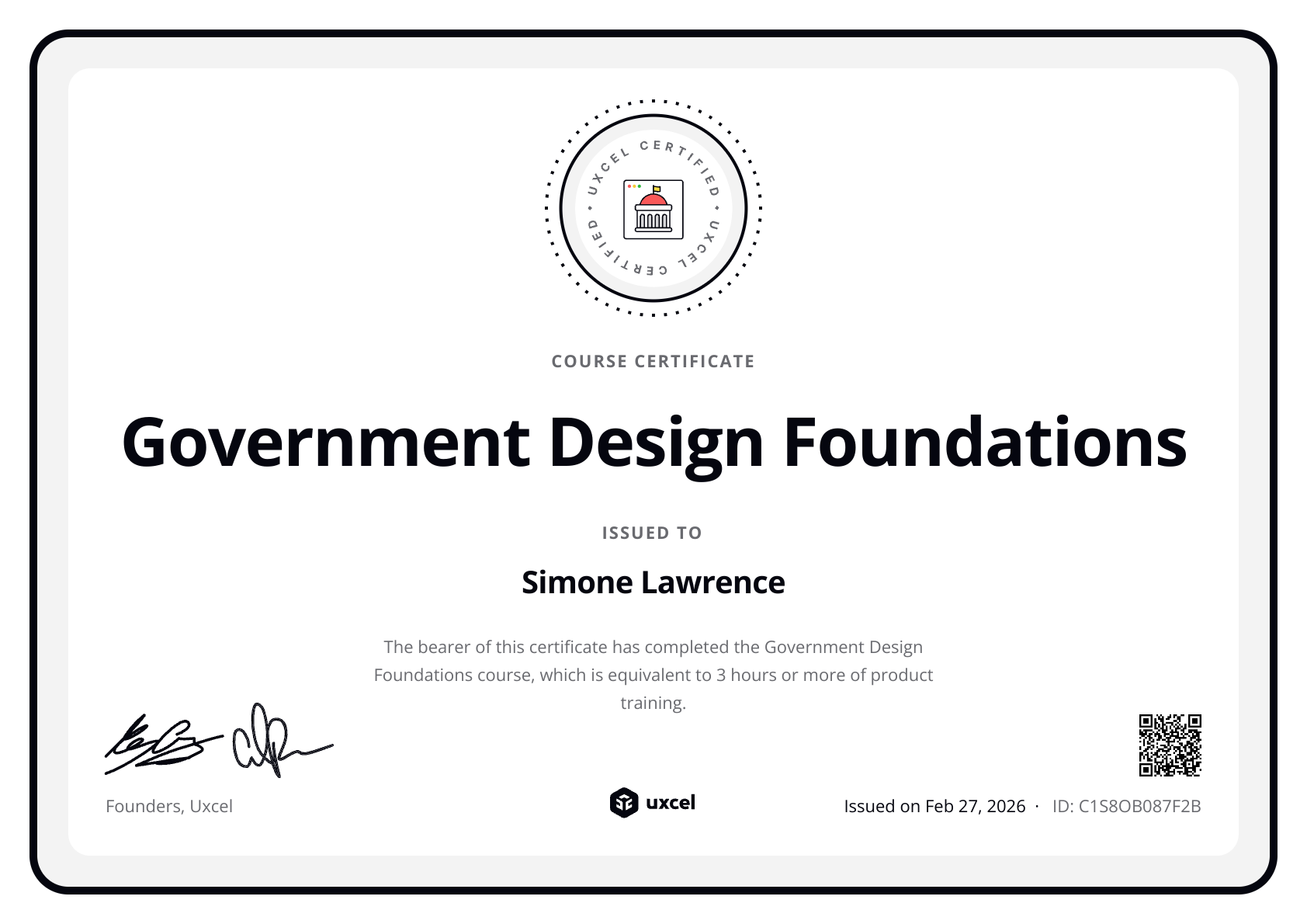 Simone Lawrence's certificate